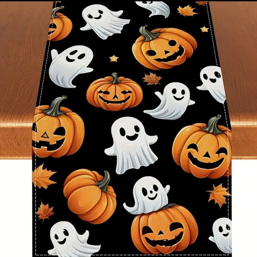 13x72” Table Runner, Mantle scarf Autumn Happy  Halloween Pumpkin Ghost  Design